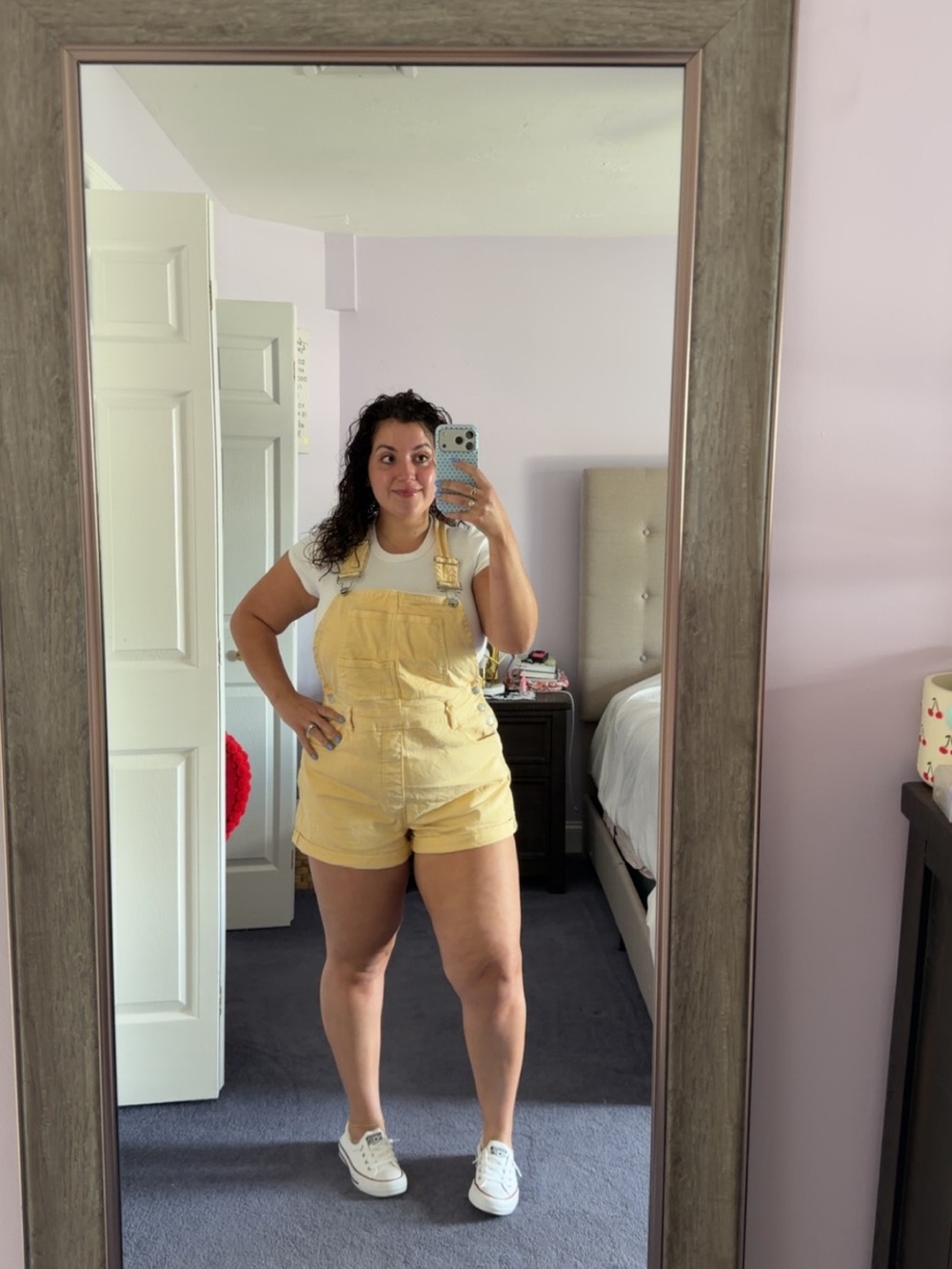 Altar'd State "Emara" denim shortalls in a beautiful, pastel butter yellow wash.